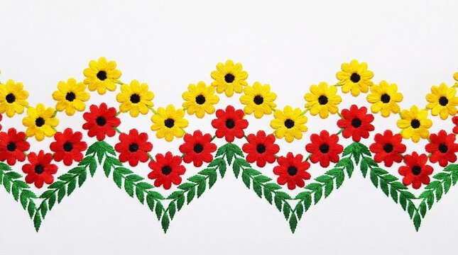 Colorful floral arrangement in a wavy pattern featuring red, yellow, and green elements for festive decoration and Kannada Rajyotsava