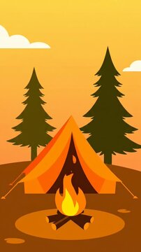 2D flat vector illustration of a campsite at sunset featuring an orange tent, a burning campfire on logs, and two silhouette pine trees under a yellow sky with white clouds.