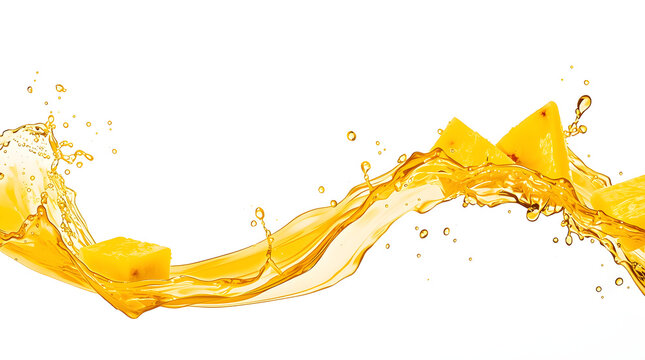 Pineapple Juice Splash: Refreshing golden pineapple juice in a dynamic splash, with chunks of fresh pineapple, creates a vibrant and tropical abstract wave.