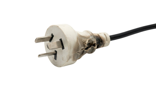 Burned electrical plug with exposed wires on a clear background showcasing damage and wear
