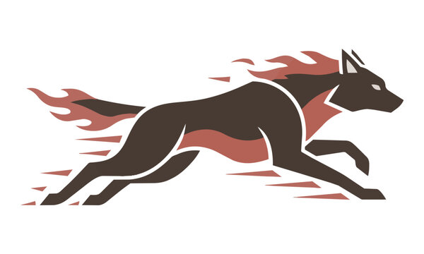 Stylized canine running in a bold minimalist aesthetic with clean geometric shapes and a flat color palette on a white background, primal energy concept