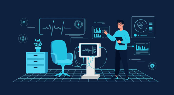 Medical Technology: Doctor Interacts with Futuristic Patient Monitoring System