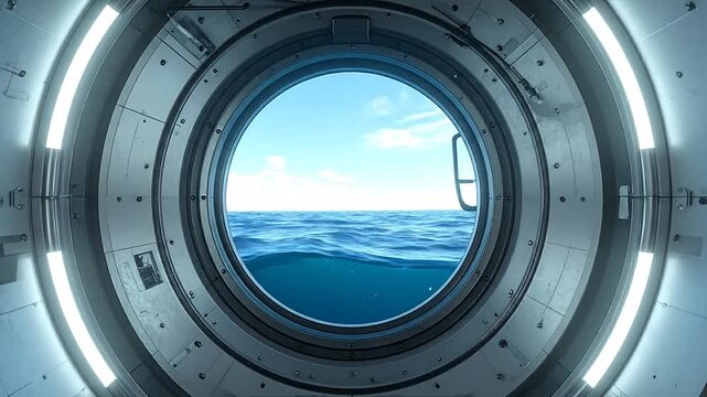 A view of the blue ocean through a circular metal window