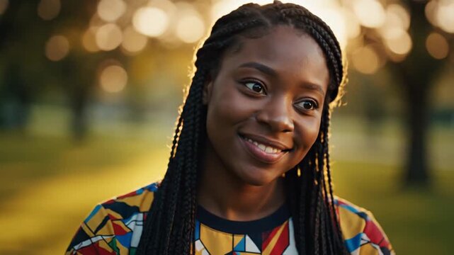 Portrait of young woman with braids at sunset.
