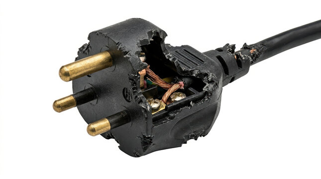 Detailed view of a faulty electric plug showcasing exposed wires and a cracked plastic casing
