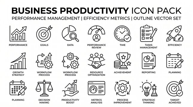 Business productivity icons illustrate key performance indicators, workflow processes, and strategic growth metrics in a clean linear vector style.