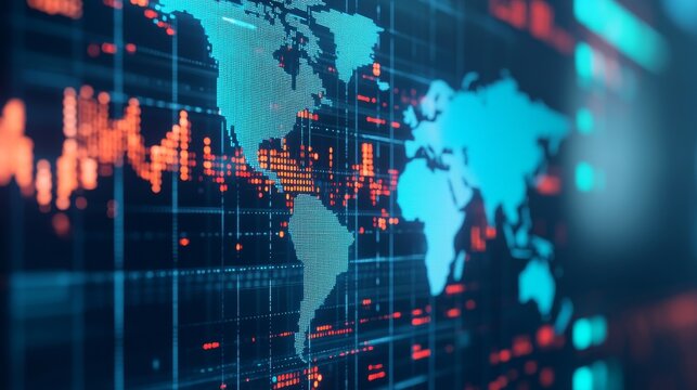 Image details Digital world map (dottedgrid style), glowing blue continents, orangered stock market datagraphs, dark background, grid lines, shallow depth of field (bokeh effect).