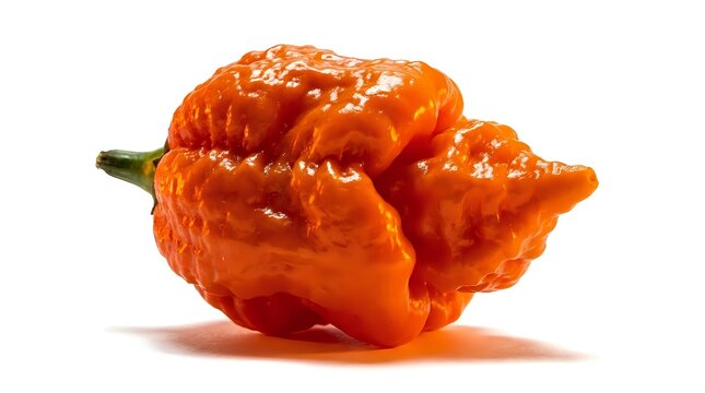 Vibrant orange ghost pepper isolated on white background, showcasing wrinkled texture and green stem. Suitable for food, cooking, and culinary design projects.