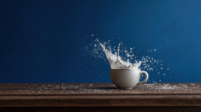 Suspended white cup spilling water in mid-air over a dark wooden table, with a clean, bold blue backdrop and sharp frozen motion.