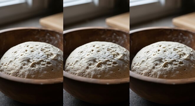 Fresh raw bread dough rising in a wooden bowl on a kitchen table