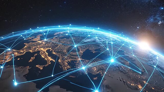 A glowing digital network connects cities across the dark planet