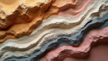 Fototapeta premium Close-up textured surface with layered earthy tones. Rough plaster wall displays organic forms, uneven relief. Warm colors blend into cool shades creating dimensional abstract design. Suitable for