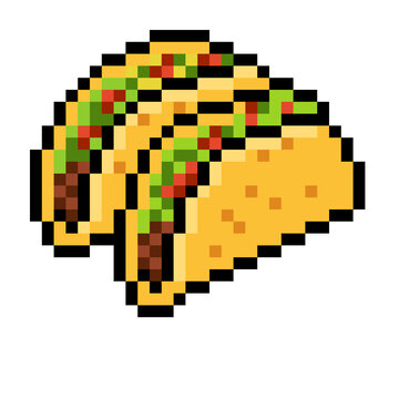 Retro pixel art illustration of two delicious Mexican tacos with crunchy shells, meat, lettuce, and tomatoes. 8-bit or 16-bit arcade video game style food asset