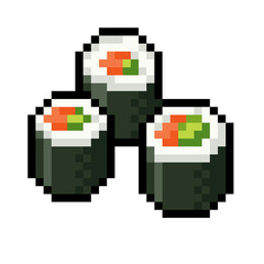 Retro pixel art illustration of three Japanese maki sushi rolls with nori seaweed, rice, salmon, and cucumber filling. 8-bit or 16-bit © Mukhamat
