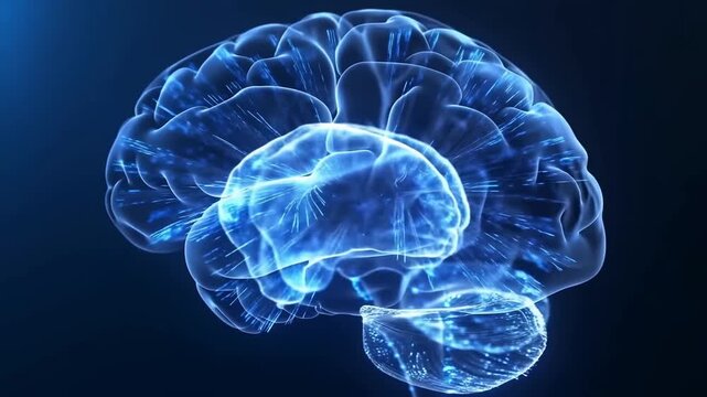 Tracking slow motion pan tilt of illuminated neural network brain hologram rotating and pulsing in dark studio laboratory display