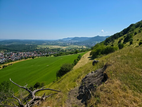 germany, magnificent panorama from jusenberg jusi overlooking neuffen valley neckar valley and picturesque swabian jura summer countryside