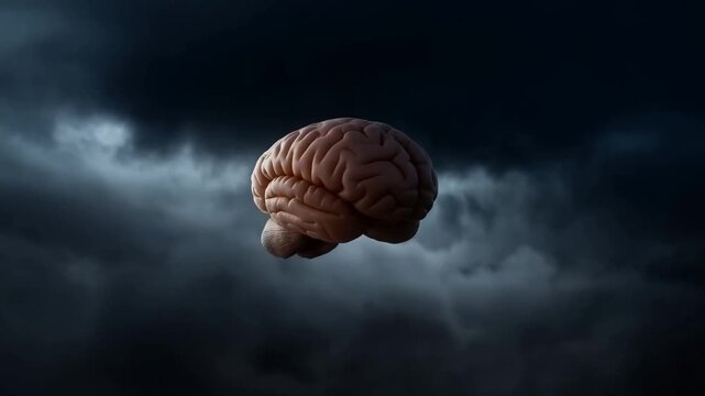 Slow dolly zoom of human brain levitating and rotating through storm clouds in dark night sky