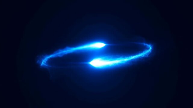 Slow motion tracking shot of glowing blue energy ring rotating and expanding in dark space void