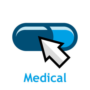 Logo medical. Asistencia sanitaria. S&iacute;mbolo de compra de medicamentos online. Dibujo sencillo de una pastilla medicinal en colores azules con flecha de mouse