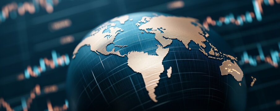 Subject A 3D globe. Details Gold-textured continents on a dark blue, grid-patterned sphere. Background Blurred stock markettrading charts (candlestick-like patterns) in blue and gold