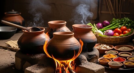 Fototapeta premium Traditional clay pots cooking food over an open wood fire in a rustic kitchen