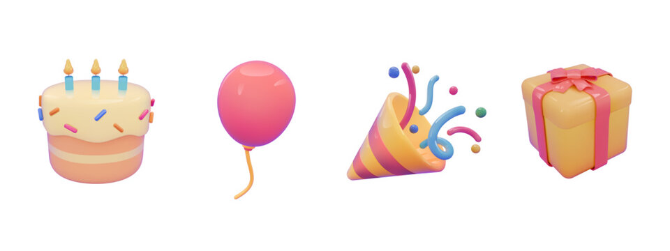 set 3d icons birthdays and celebrations, featuring a birthday cake, balloons, a party popper, and a gift box illustration