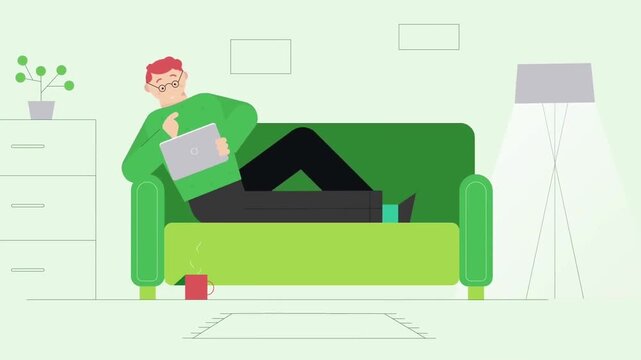 Animated Man Relaxing on a Green Couch While Browsing on a Digital Tablet, Leisure and Smart Home Technology Concept