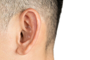 Naklejka premium Close-up macro shot of a human man's ear from the side view.