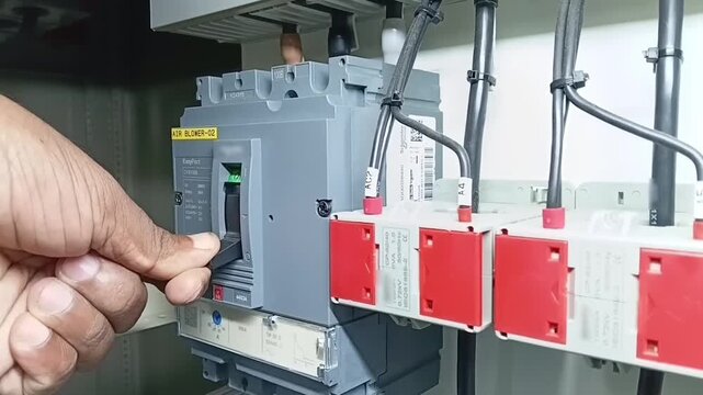Electrician manually turning off an active molded case circuit breaker MCCB inside industrial electrical power distribution panel
