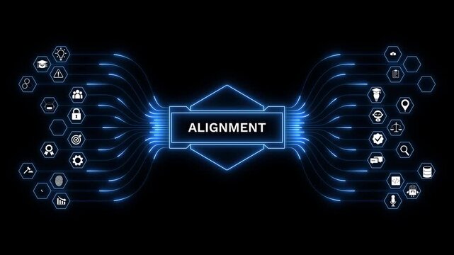 Business alignment interface dashboard with corporate strategy visualization, organizational coordination system, secure analytics, and digital transformation technology.