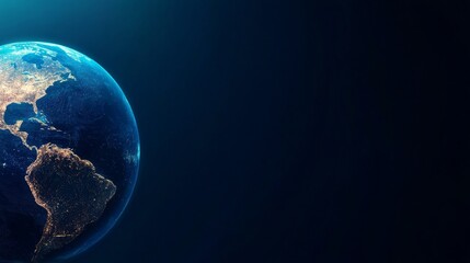 Fototapeta premium Subject Planet Earth (specifically the Americas). Details Night view, city lights glowing (goldenamber), blue ocean, dark space background. Composition Rule of thirds (Earth on the