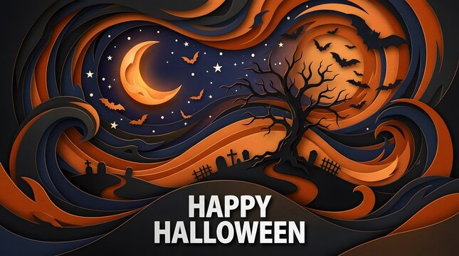 Halloween night scene with bats moon and cemetery