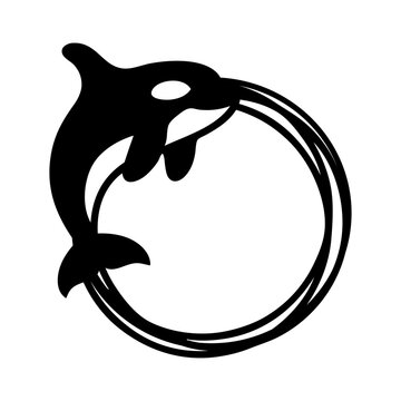 Logo vida marina. Marco con l&iacute;neas con el dibujo sencillo de la silueta de una orca (ballena asesina) saltando 
