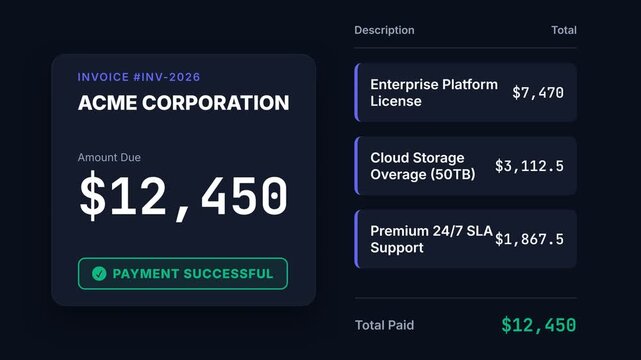 Animated invoice, digital payment processing with Acme Corporation details, seamless loop of payment success, symbolizing financial transactions, online billing, and corporate payments.