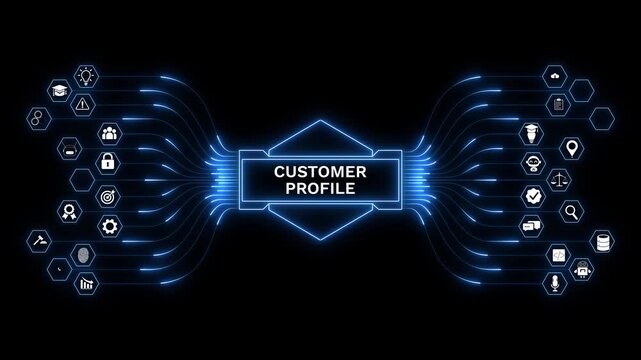 Futuristic customer profile management interface with data visualization system, user analytics dashboard, CRM technology, and AI-powered digital insights.