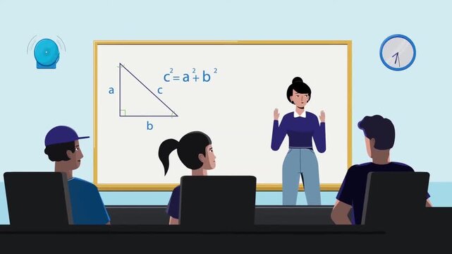 2D Animation of a Teacher Explaining Geometry Formulas on a Whiteboard to Students, Classroom Education Concept