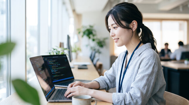 オフィスでパソコンに向かいプログラミングや開発業務をする女性システムエンジニア・SE