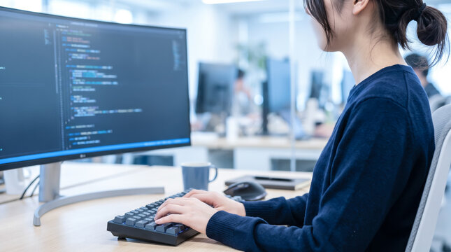 オフィスでパソコンに向かいプログラミングや開発業務をする女性システムエンジニア・SE