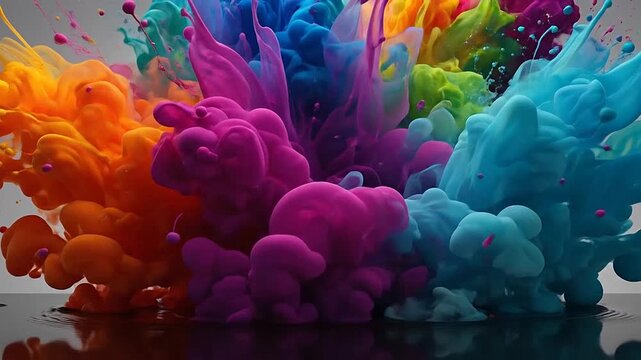 Vibrant multicolored liquid paint explosion on a neutral background