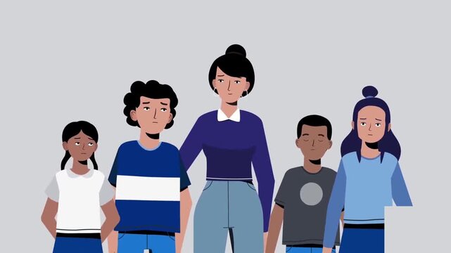 Animated Group Portrait of a Female Teacher and Diverse Young School Students, Education and Mentorship Concept