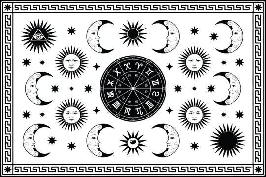 A black and white pictogram chart with celestial symbols and zodiac signs surrounded by a decorative border