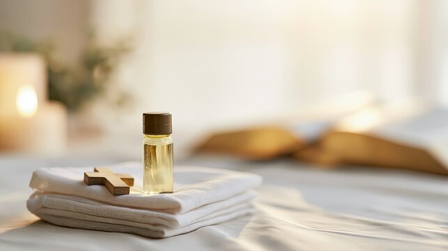 Anointing Oil Vial and Wooden Cross on Folded White Linen with Open Bible, Warm Candlelight and Copy Space
