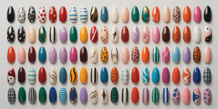 Large array of false fingernails with various colorful patterns and textures, including solids, stripes, animal prints, and abstract swirls.