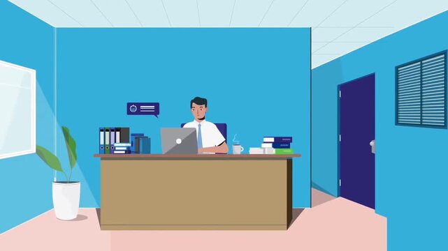 Animated Modern Office Reception Desk with a Receptionist Working on Computer, Corporate Workspace Concept