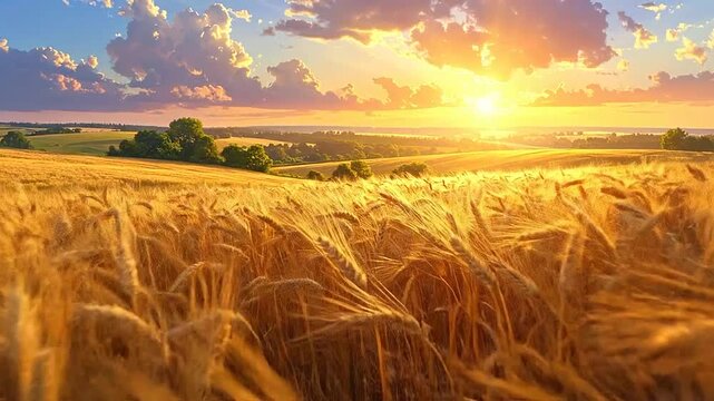 Golden wheat field under a vibrant sunset sky in the countryside