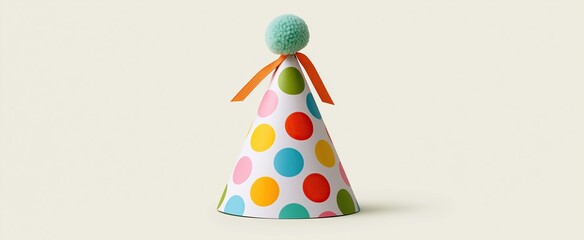 Fototapeta premium A lively celebration features a colorful polka-dot party hat adorned with a pom-pom and ribbon on a gentle pastel background.