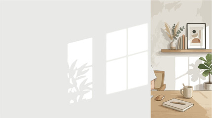 Fototapeta premium Minimalist home office interior with desk setup notebook coffee mug and plant shadows on wall in a clean 2D vector editorial illustration style