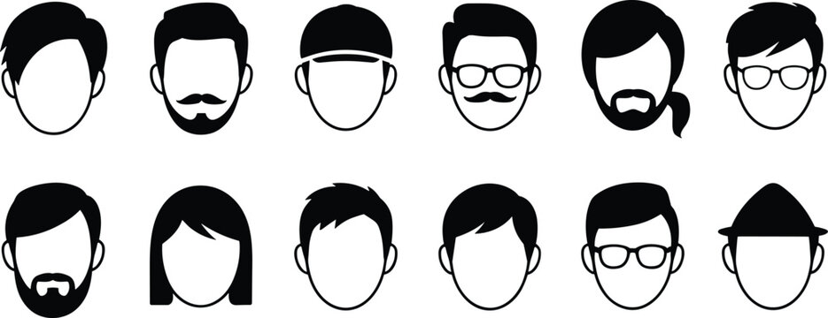 Man avatar vector outline icon set with diverse hairstyles beards glasses and hats for profile design
