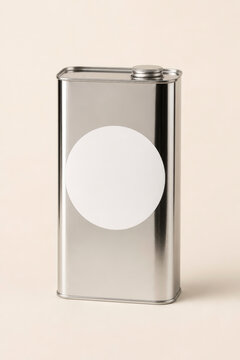 Vintage style rectangular metal tin container for olive oil with a blank circular white sticker label on a beige background