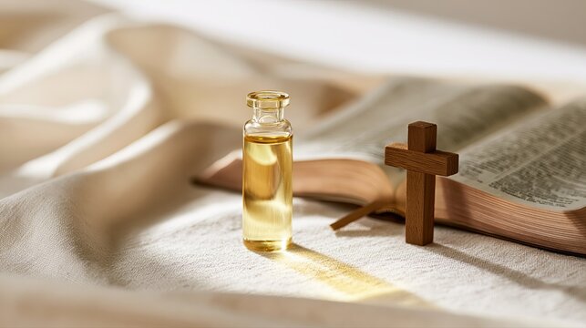 Anointing Oil Vial with Open Bible and Wooden Cross in Soft Morning Light, Christian Blessing and Prayer Concept Banner